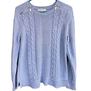 Michael Kors Gray Cable Knit Sweater L Zipper Shoulder Cotton Blend Preppy Ski